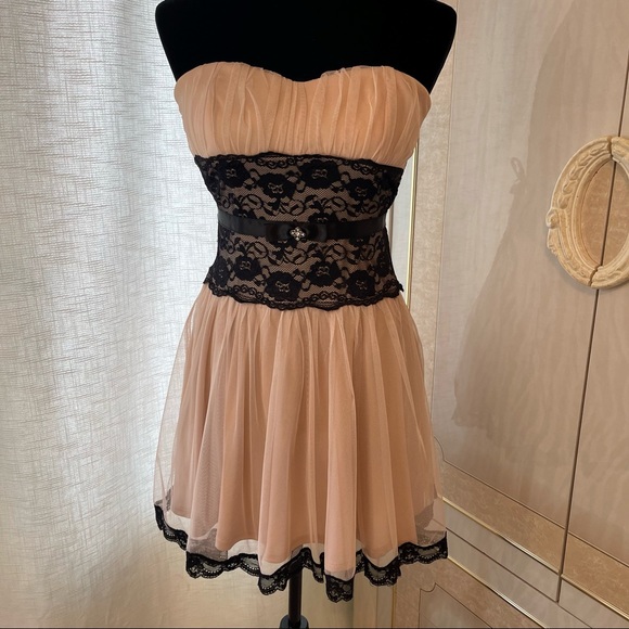 Blush Aline Dress With Black Lace Detail - Picture 1 of 6